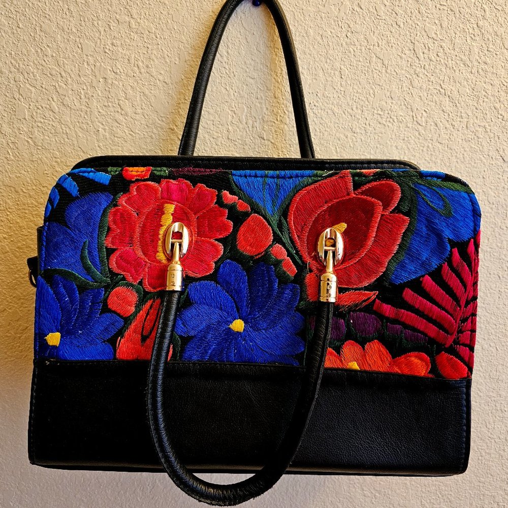 Black leather embroidered artisan purse